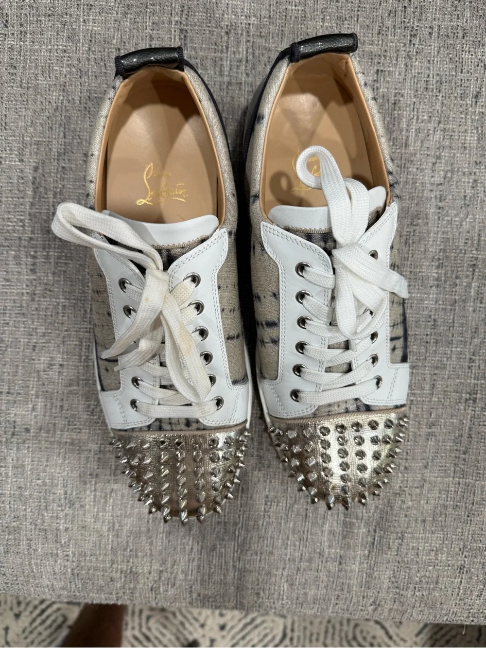 Christian Louboutin White and Silver Studded Low-Top Sneakers